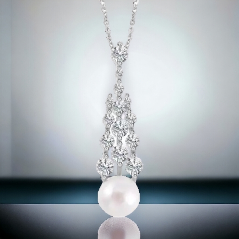 🔥White Freshwater Pearl and CZ Pendant Necklace 20 Inches  1.00 ctw*